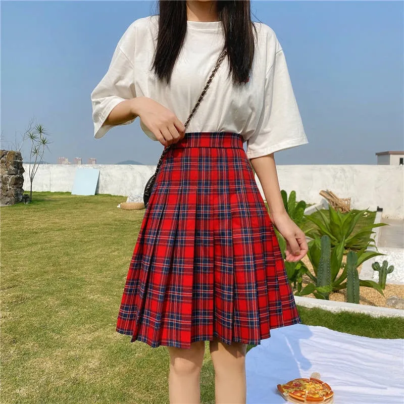 Joskaa Christmas Gift Qiukichonson England Preppy Red Plaid Skirts Teen Girls Spring Summer Elastic High Waist A-Line Plus Size Pleated Skirt Women