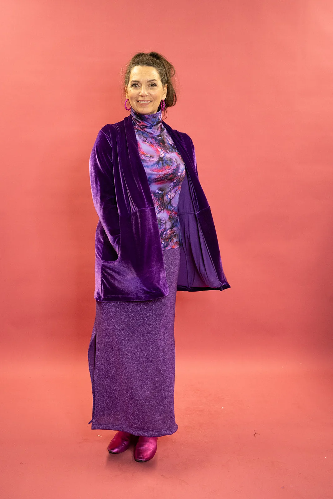 Maxi Velvet Side Split Skirt in Purple Glitter