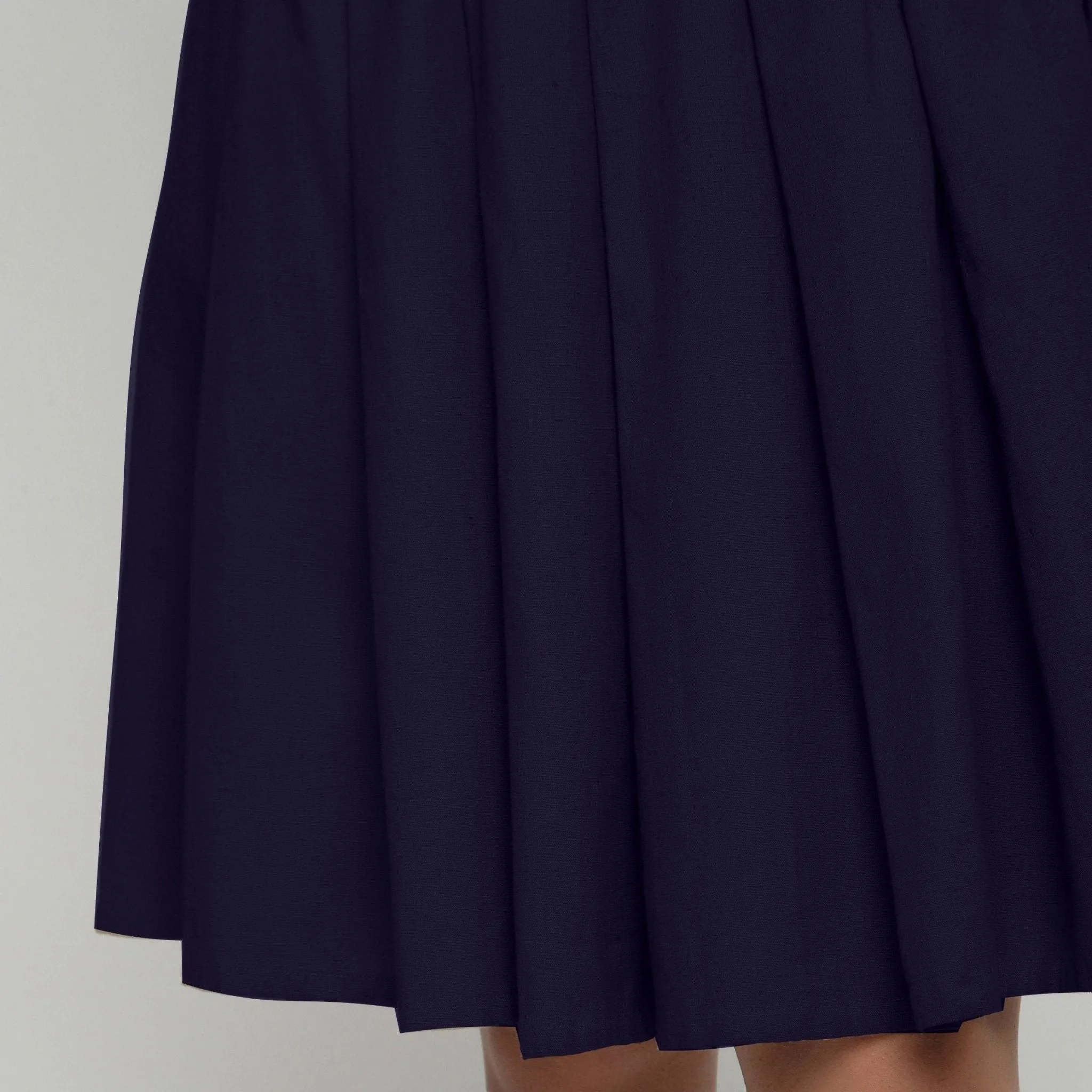 Navy Blue Cotton Flax Pleated Knee Length Skirt