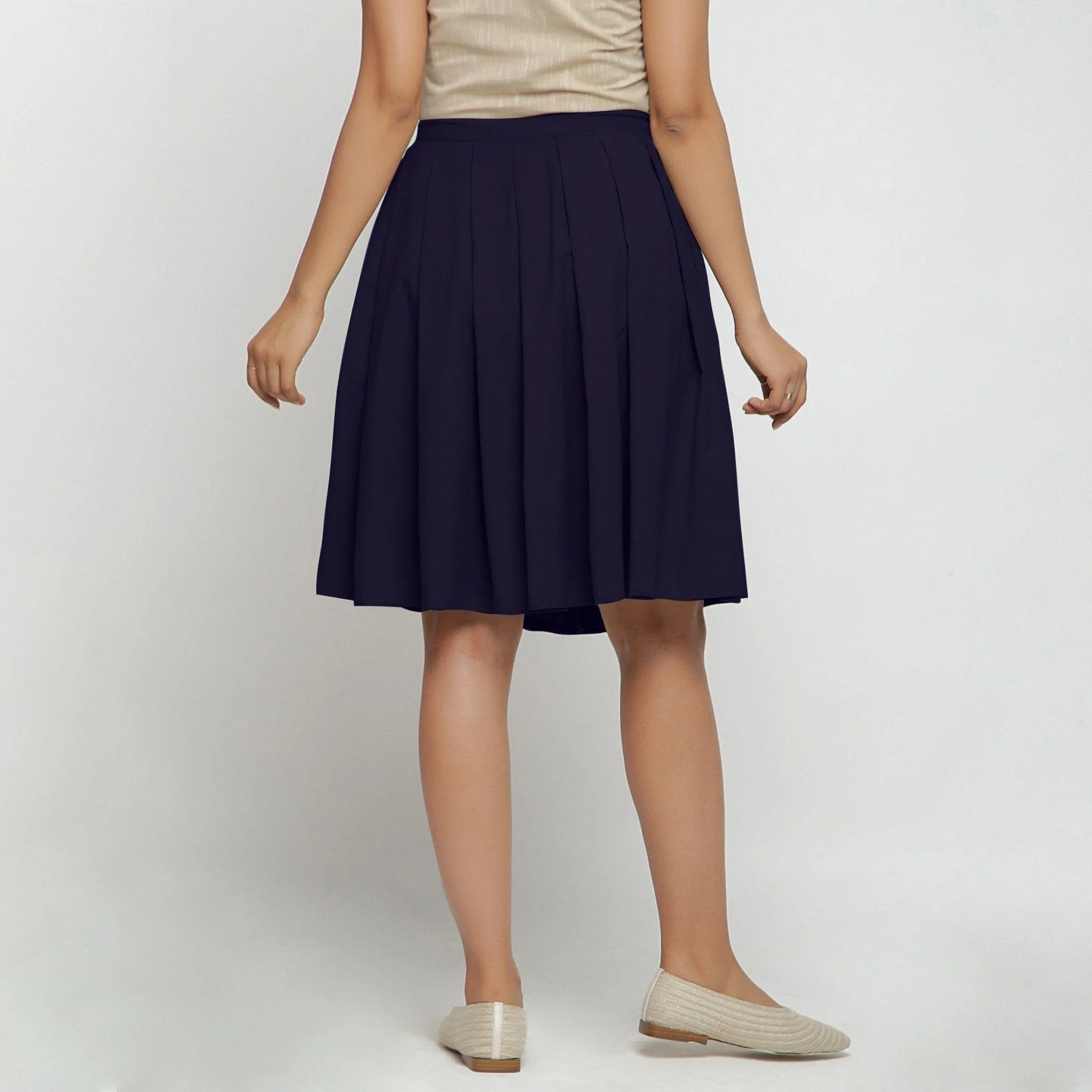 Navy Blue Cotton Flax Pleated Knee Length Skirt