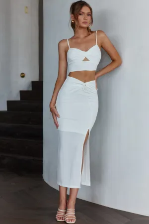 One Night Only Twist Waist Split Midi Skirt White