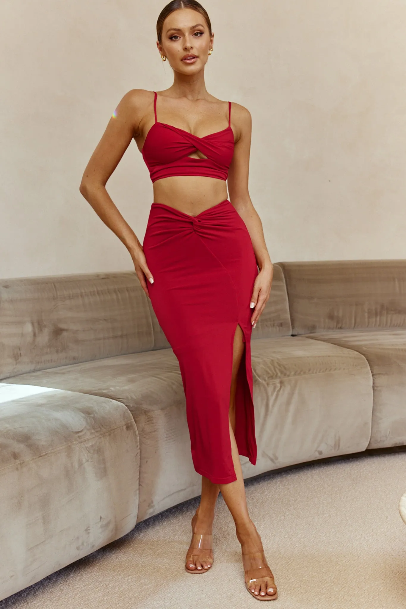 One Night Only Twist Waist Split Midi Skirt Wine