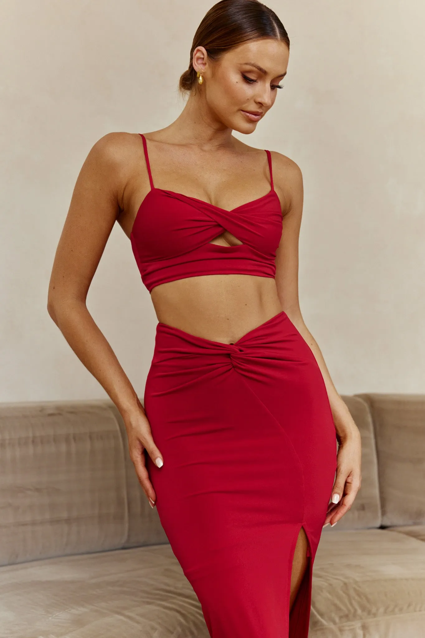 One Night Only Twist Waist Split Midi Skirt Wine