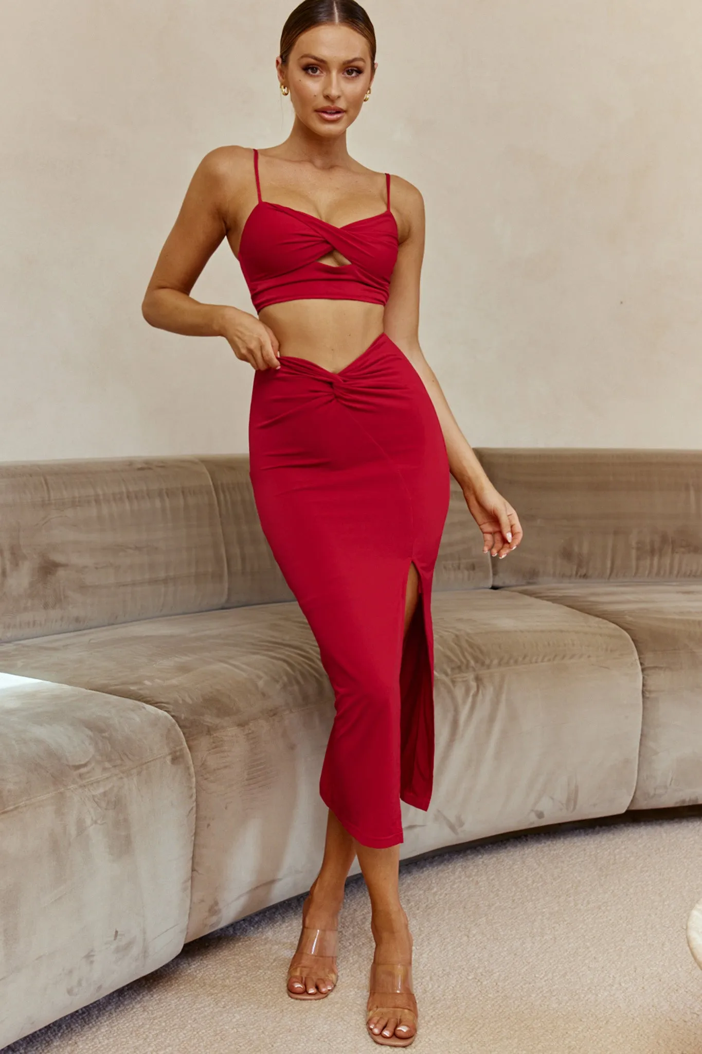 One Night Only Twist Waist Split Midi Skirt Wine