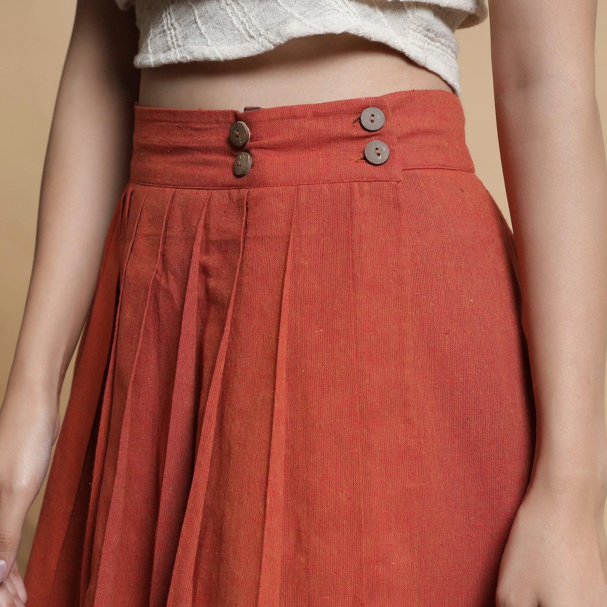 Orange and Brown Reversible Cotton Pleated Knee Length Skirt