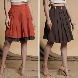 Orange and Brown Reversible Cotton Pleated Knee Length Skirt