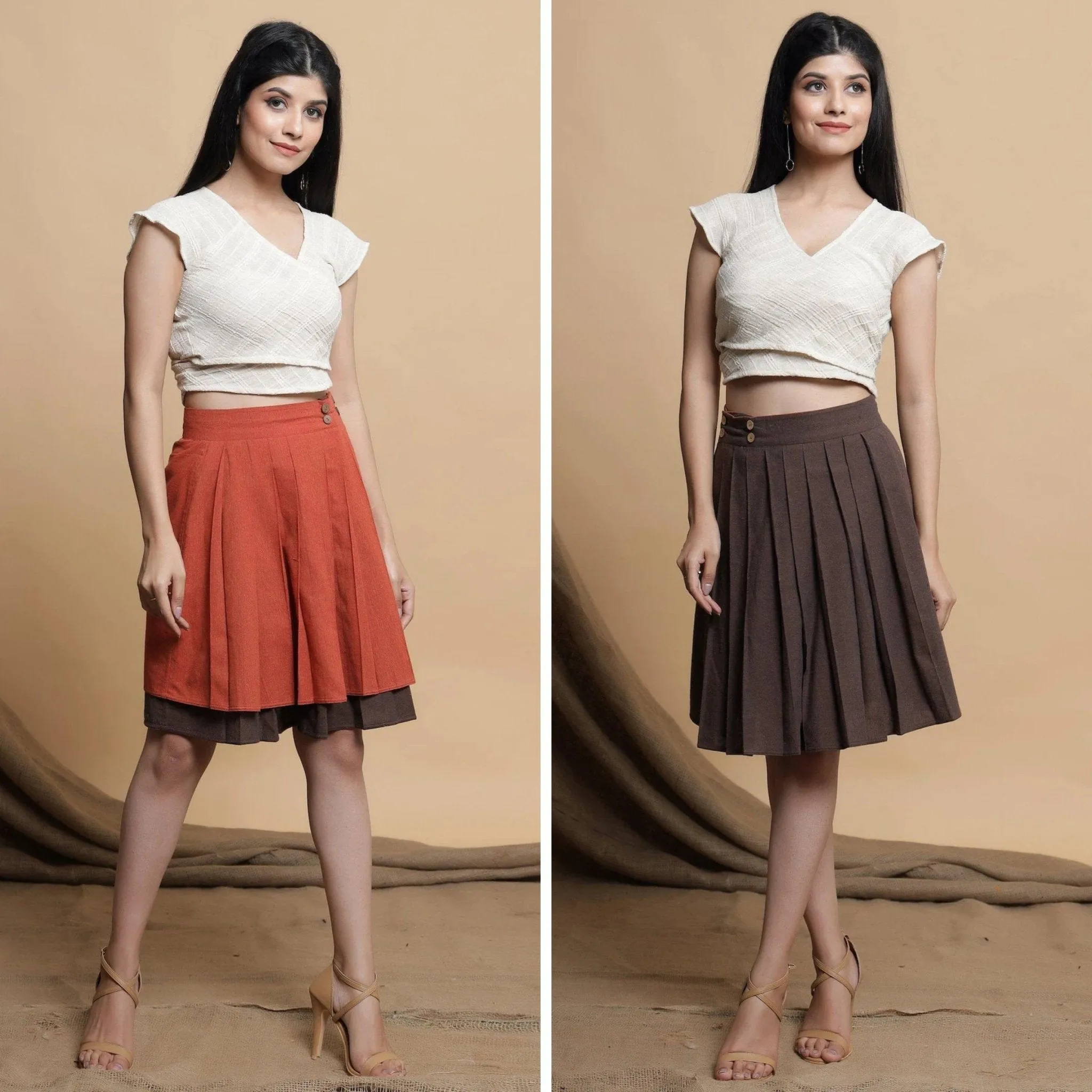 Orange and Brown Reversible Cotton Pleated Knee Length Skirt