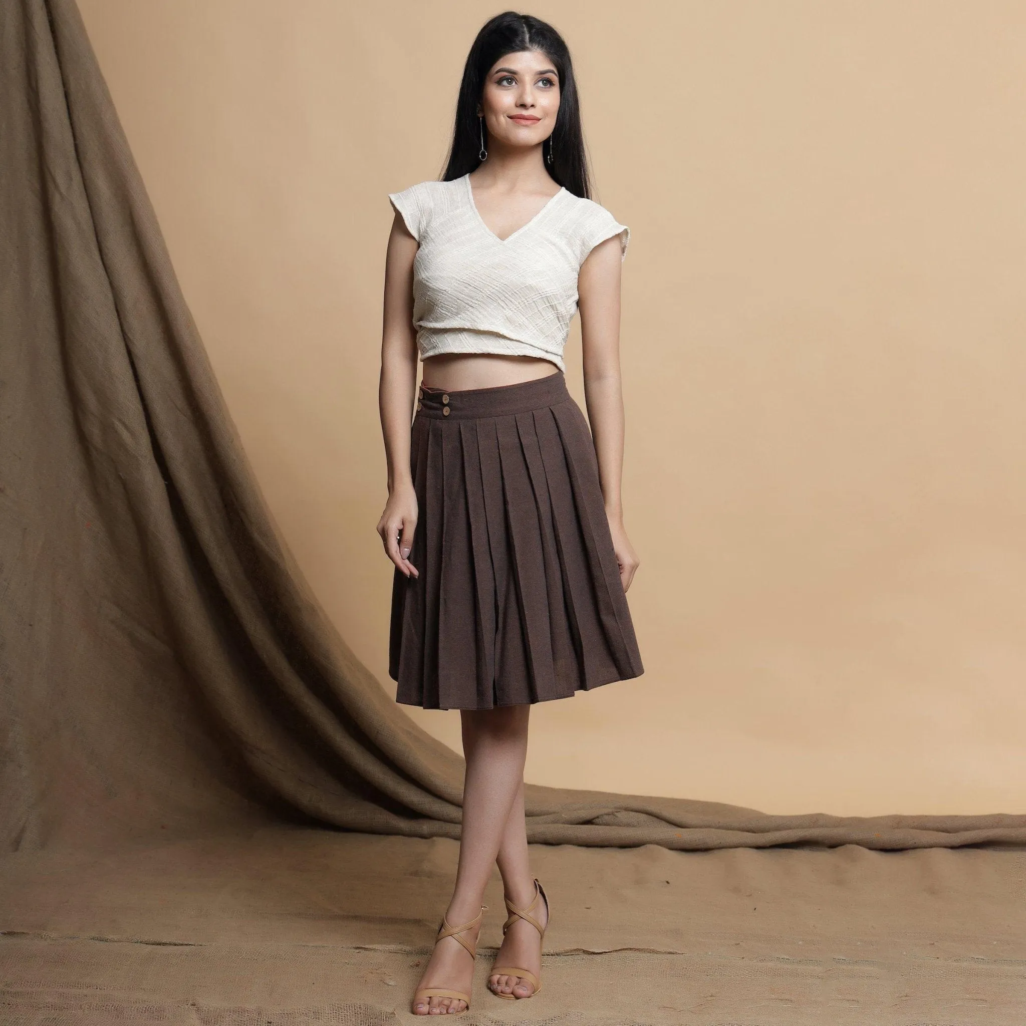 Orange and Brown Reversible Cotton Pleated Knee Length Skirt