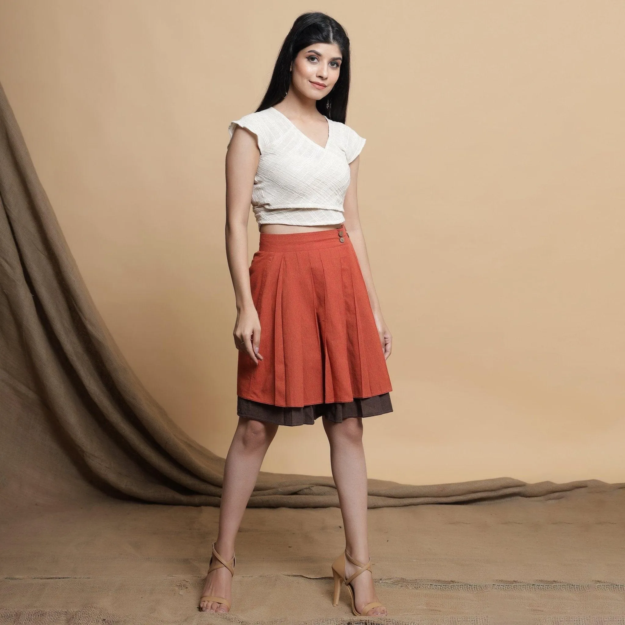 Orange and Brown Reversible Cotton Pleated Knee Length Skirt