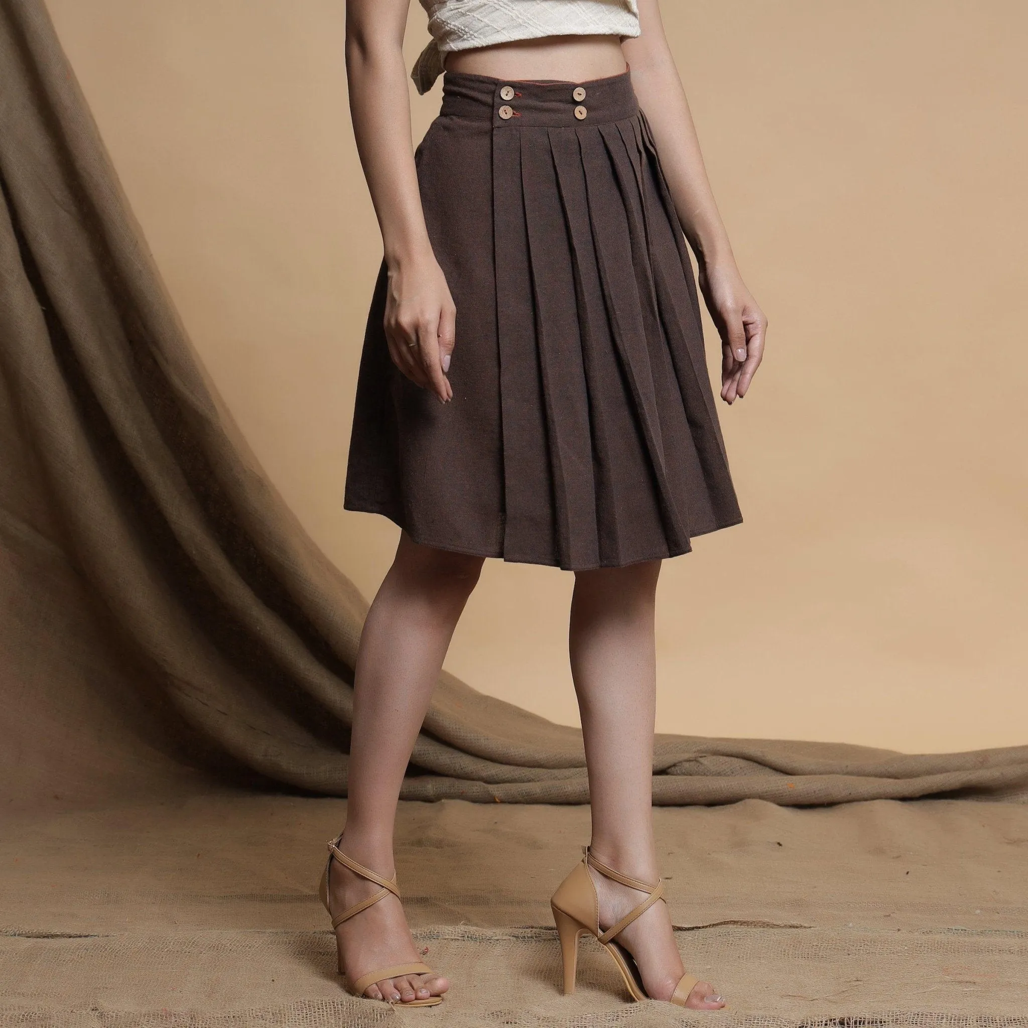 Orange and Brown Reversible Cotton Pleated Knee Length Skirt