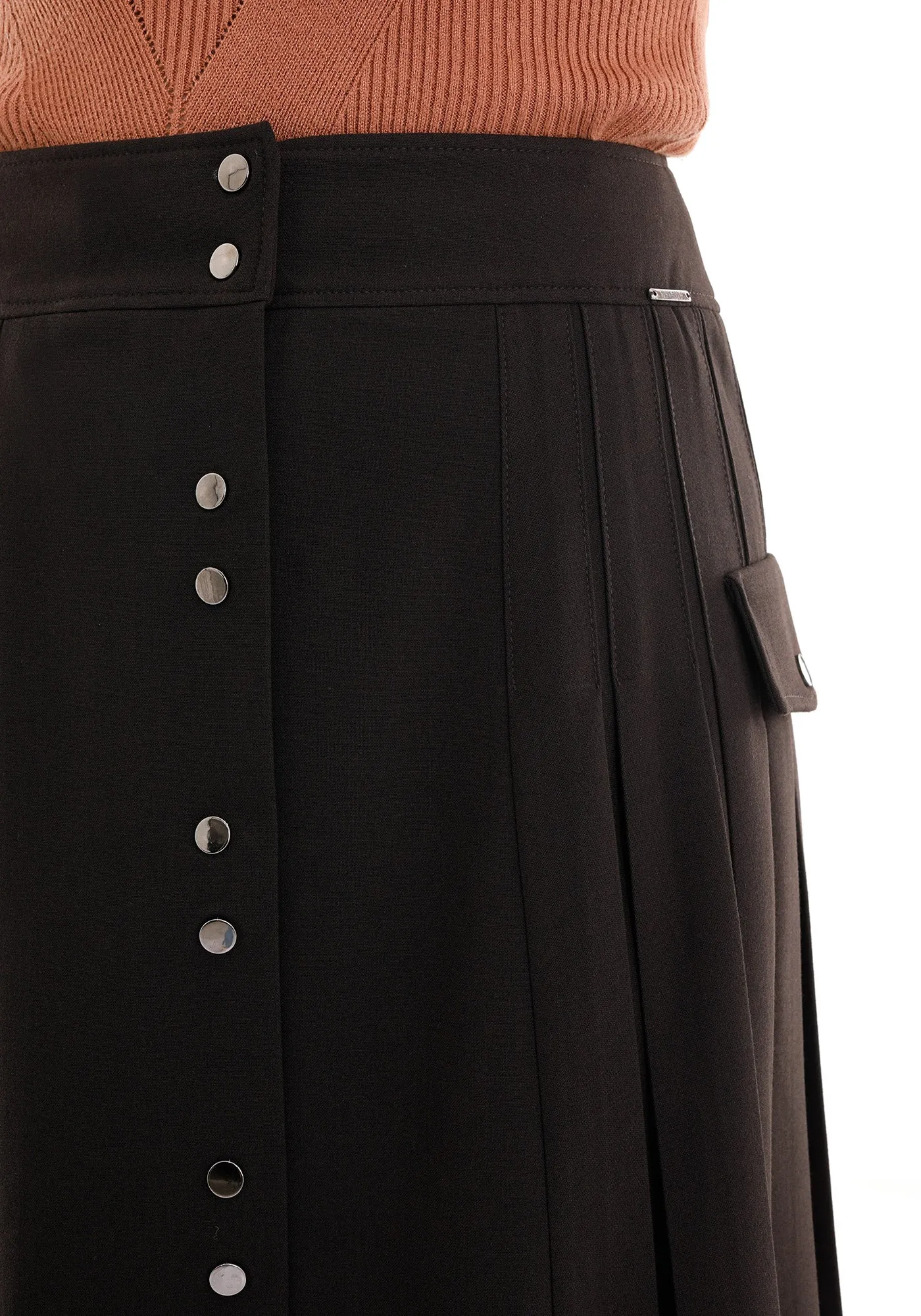 Pleated Button-Front Brown Midi Skirt