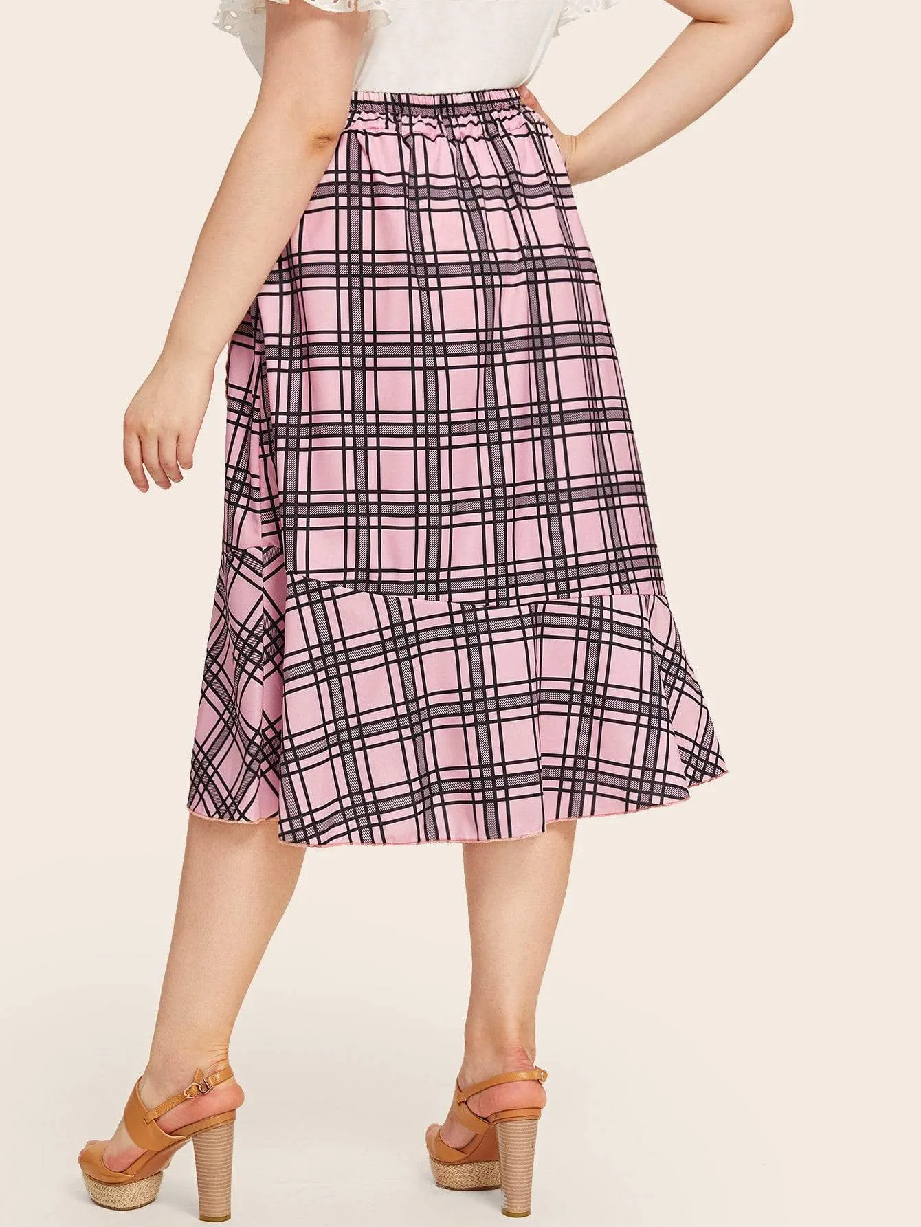 Plus Plaid Print Ruffle Trim Skirt