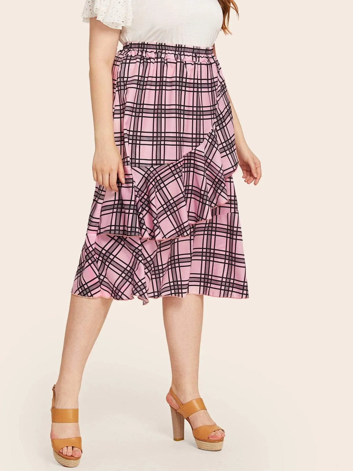 Plus Plaid Print Ruffle Trim Skirt