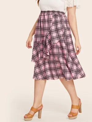 Plus Plaid Print Ruffle Trim Skirt