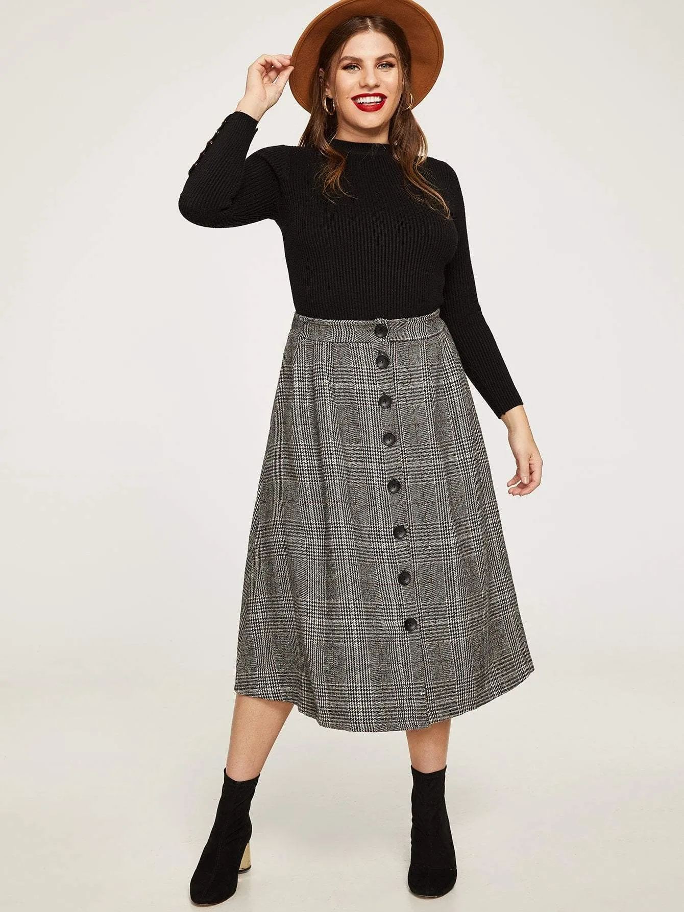 Plus Single Breasted Plaid Skirt