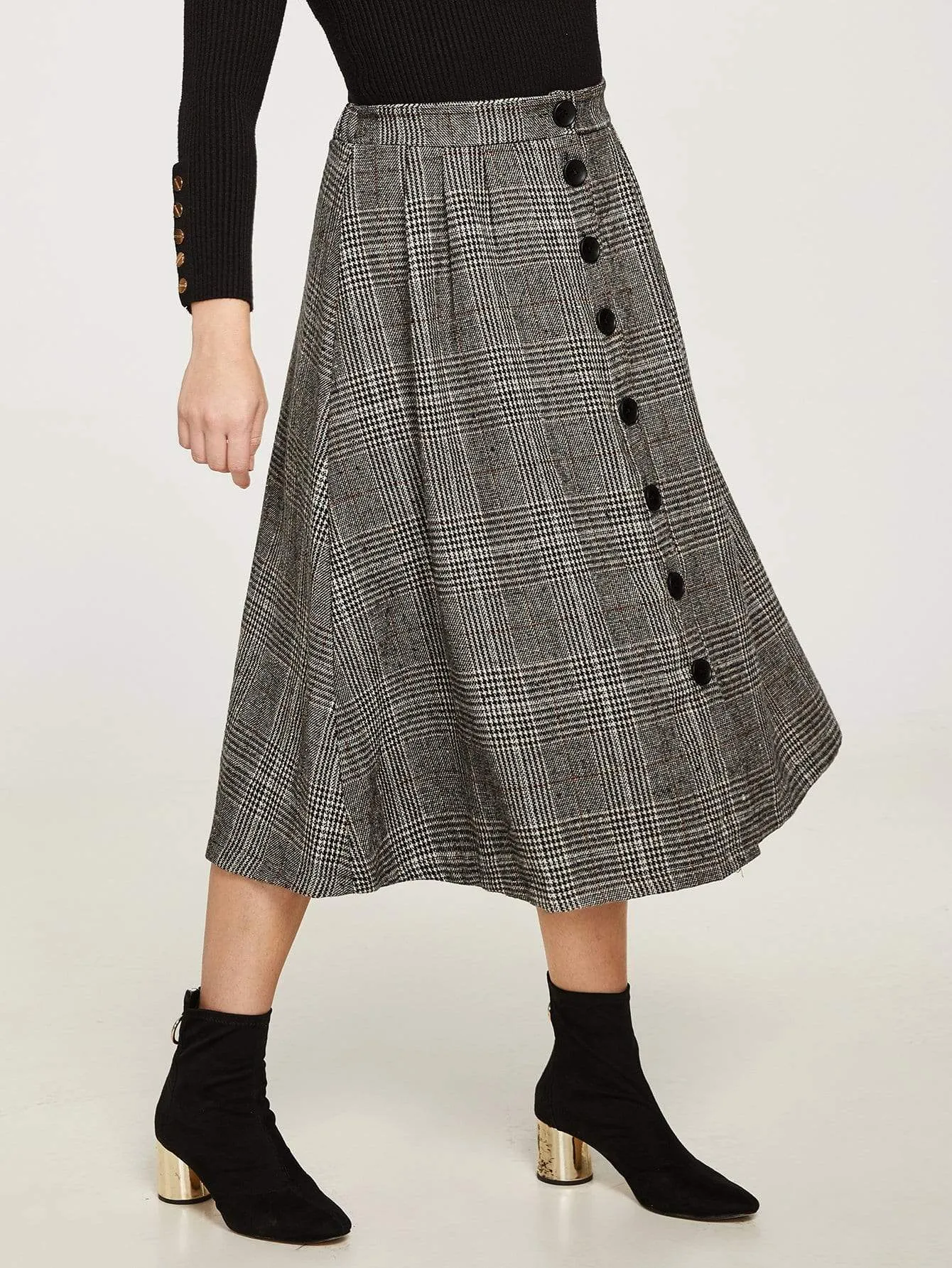 Plus Single Breasted Plaid Skirt