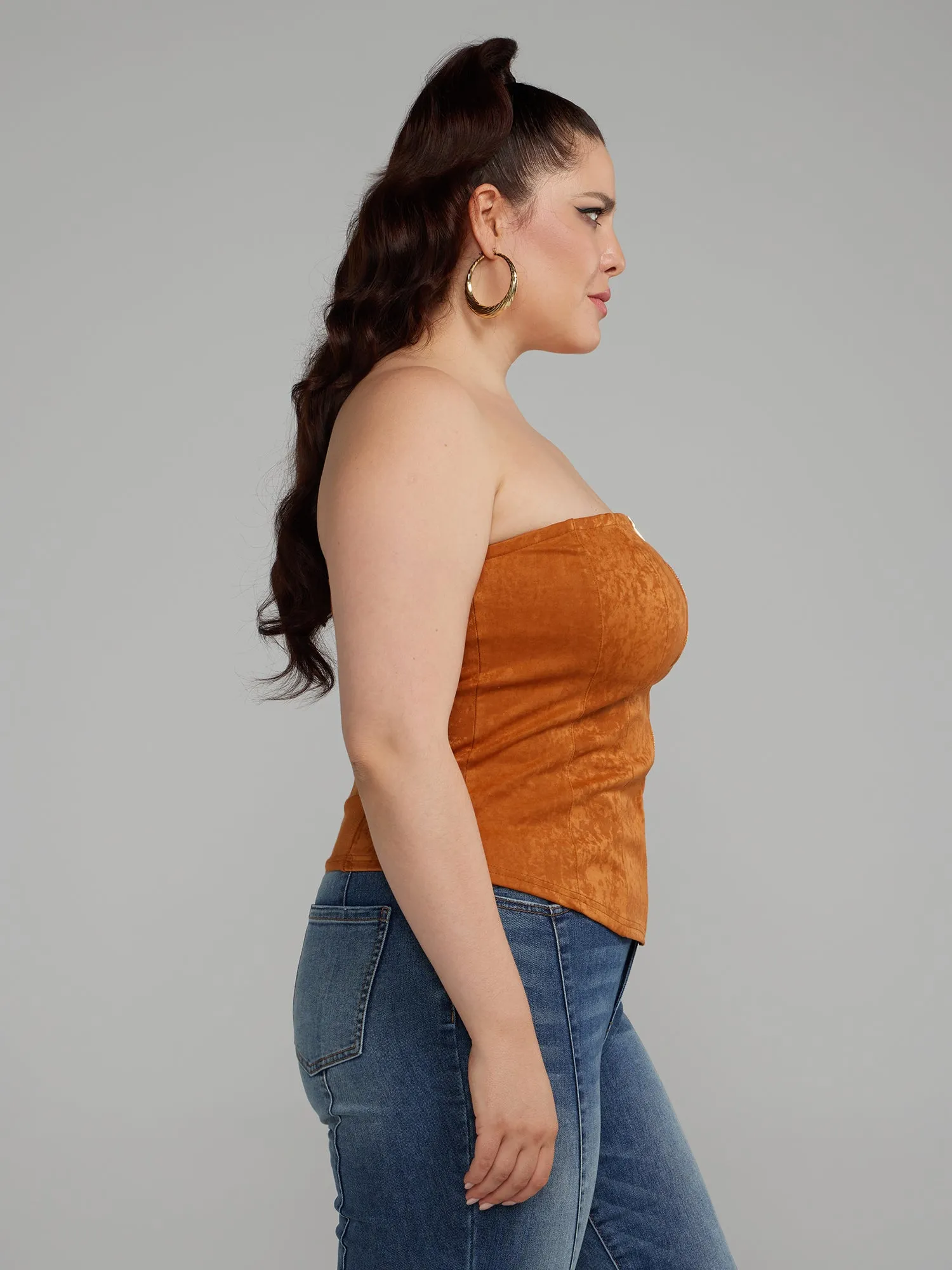 Plus Strapless Suede Zip Front Top