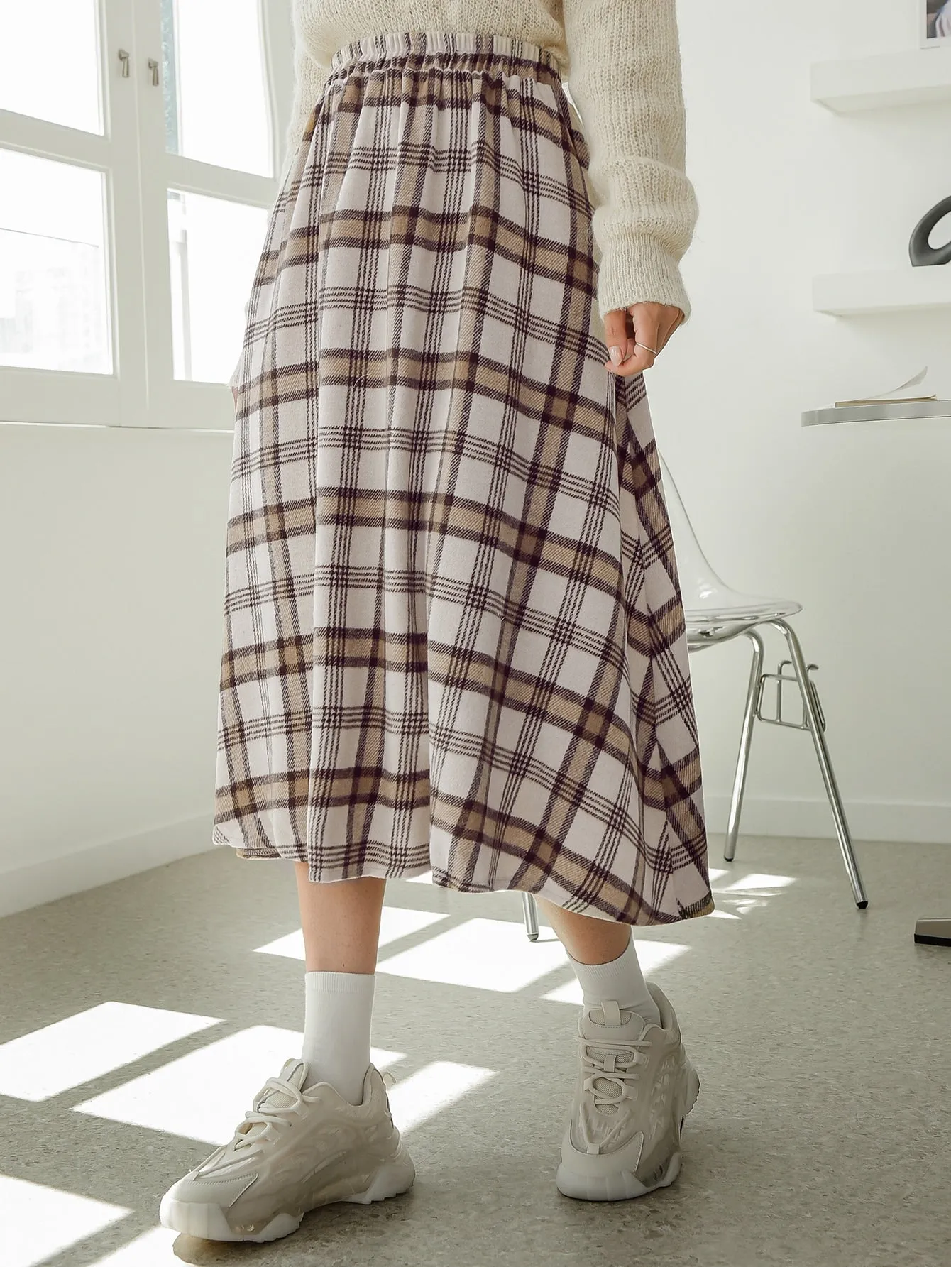 Preppy Plaid Natural Midi Women Skirt