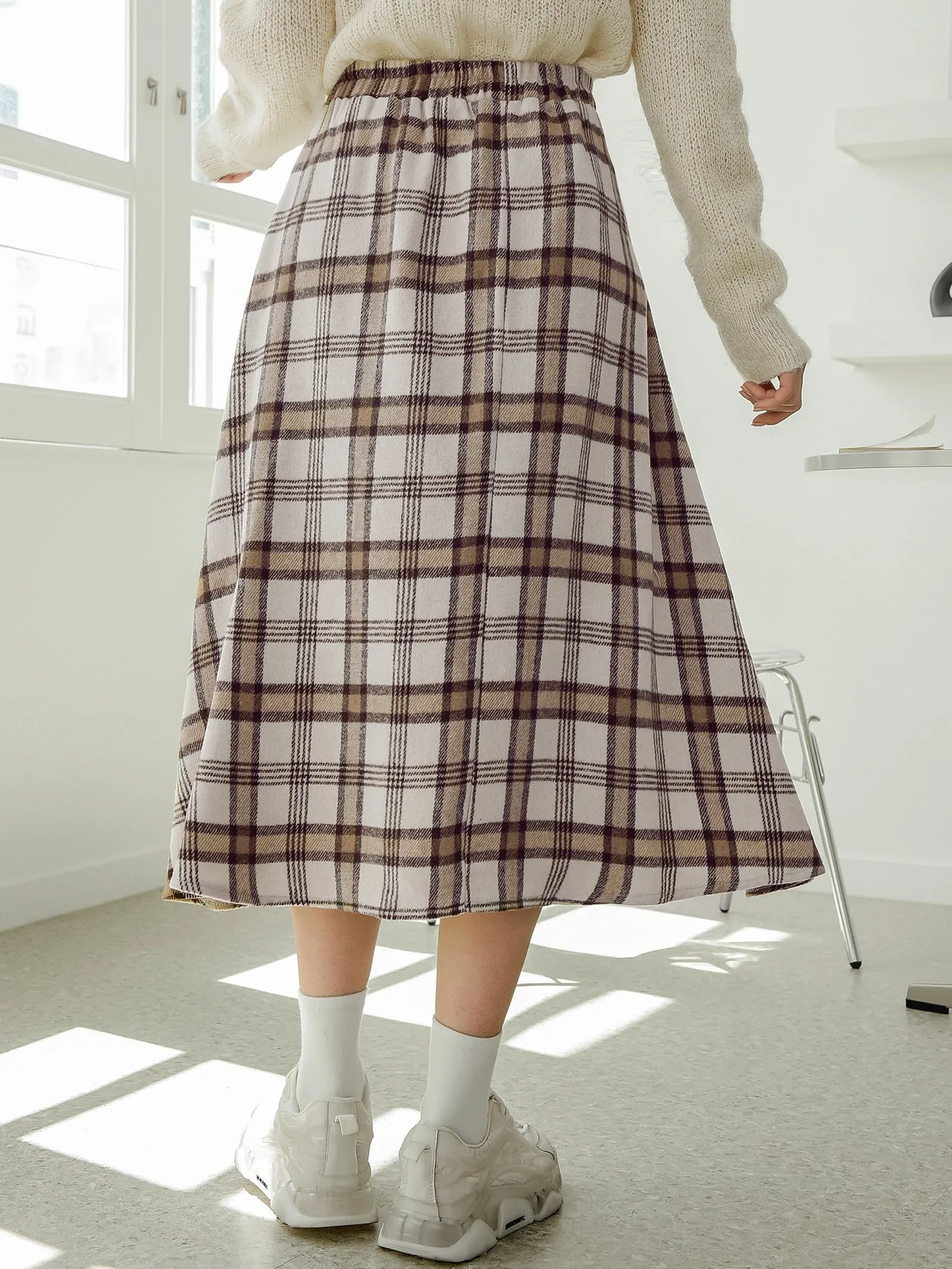 Preppy Plaid Natural Midi Women Skirt