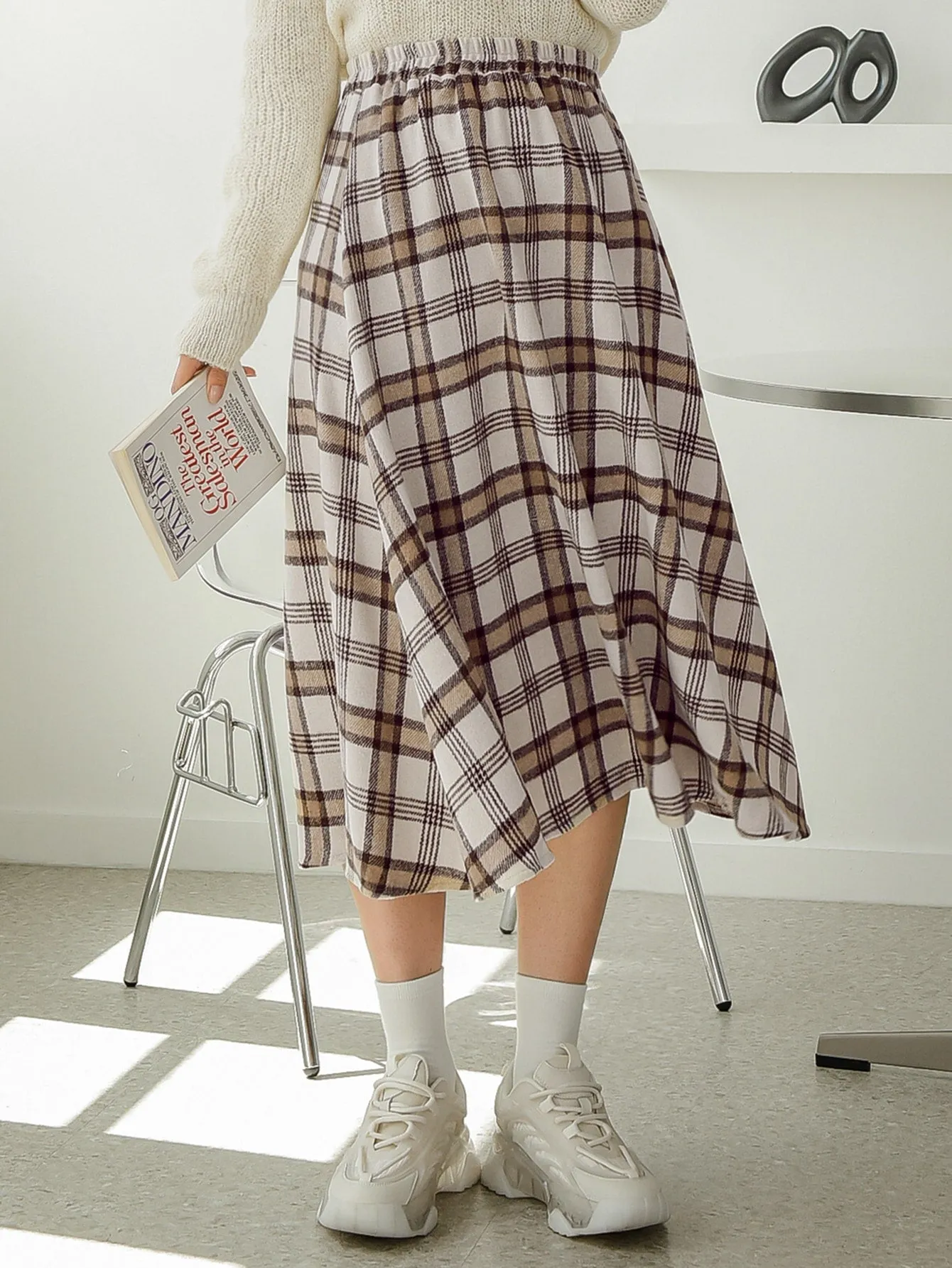 Preppy Plaid Natural Midi Women Skirt