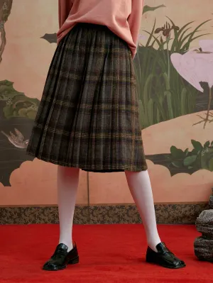 Preppy Tartan Pleated High Waist Midi Women Skirt