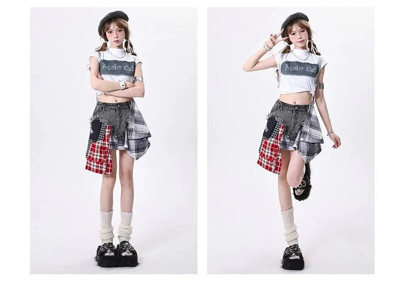 Rayohopp Edgy Grunge Outfit Set - Women'S Asymmetrical Patchwork Skirt With Cropped 'Angster Club' Graphic Tee