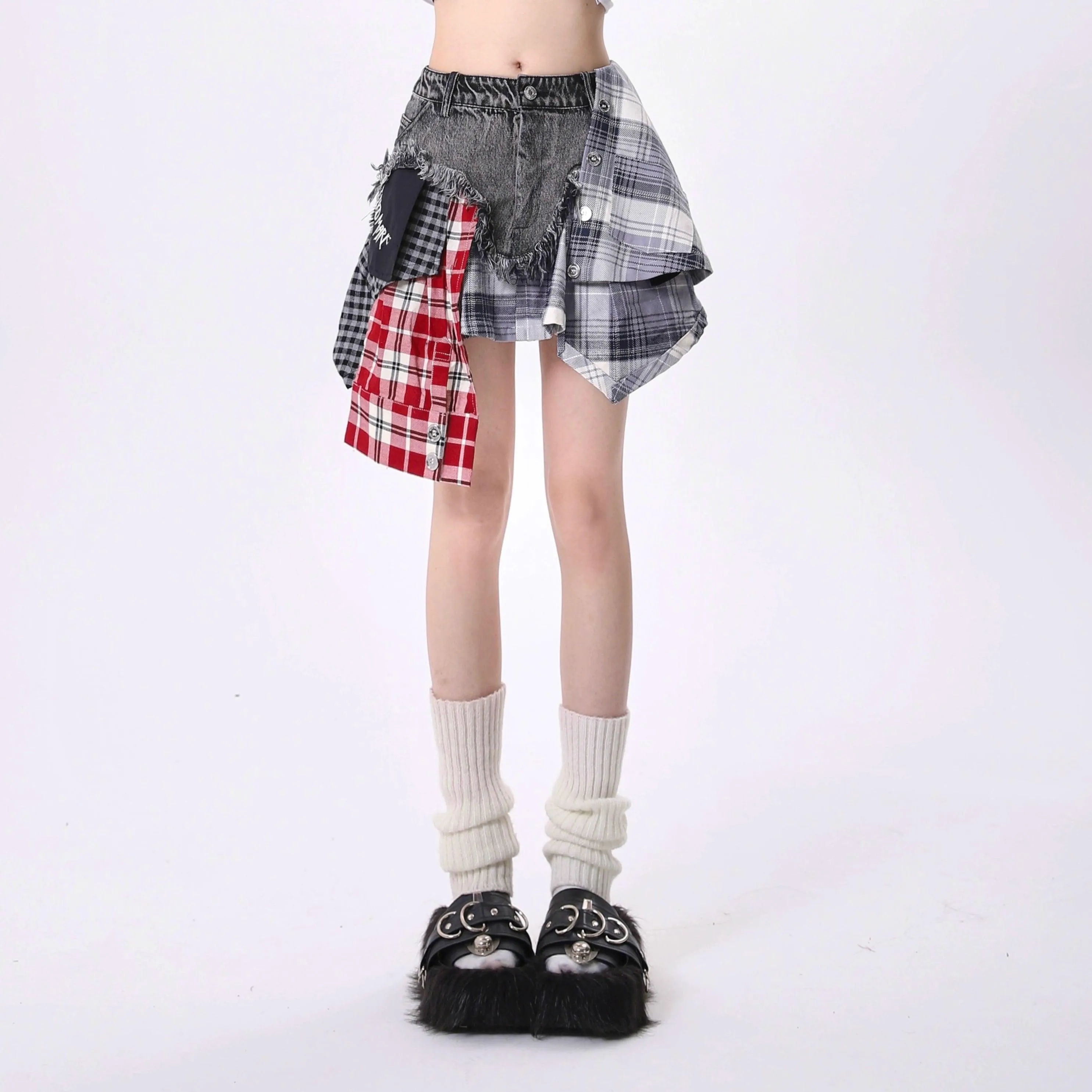 Rayohopp Edgy Grunge Outfit Set - Women'S Asymmetrical Patchwork Skirt With Cropped 'Angster Club' Graphic Tee