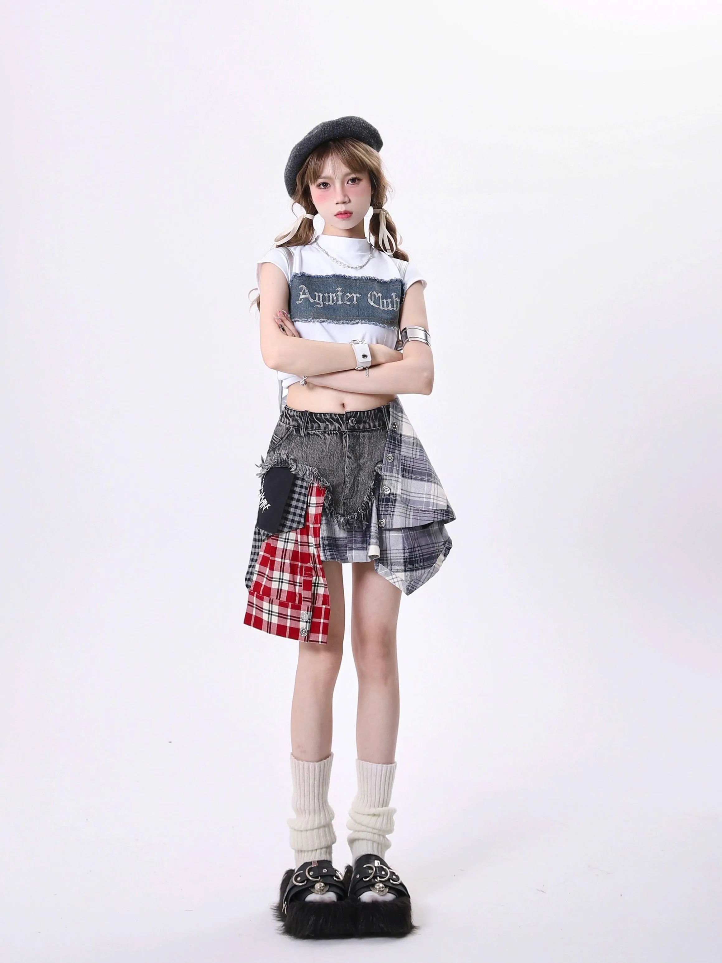 Rayohopp Edgy Grunge Outfit Set - Women'S Asymmetrical Patchwork Skirt With Cropped 'Angster Club' Graphic Tee