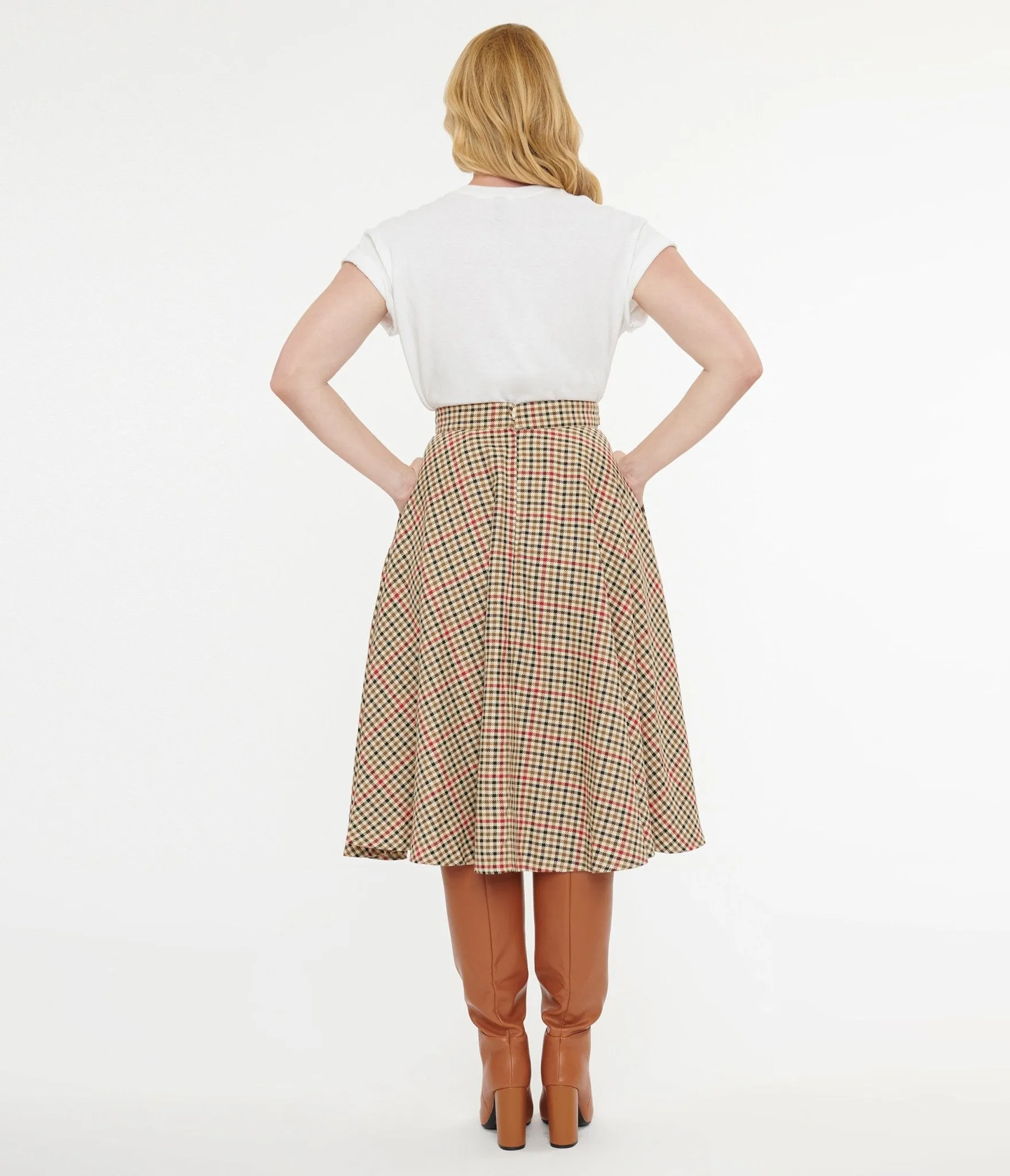 Royal Monk 1950s Beige & Black Check Hilda Swing Skirt