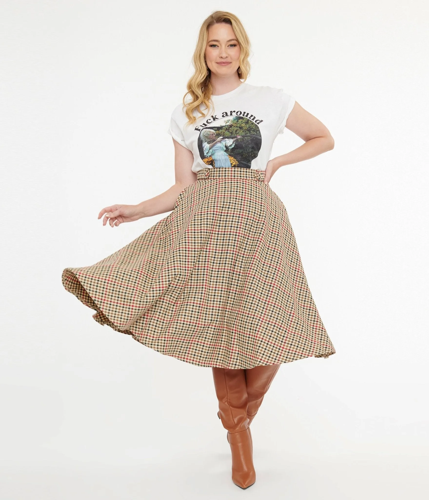 Royal Monk 1950s Beige & Black Check Hilda Swing Skirt