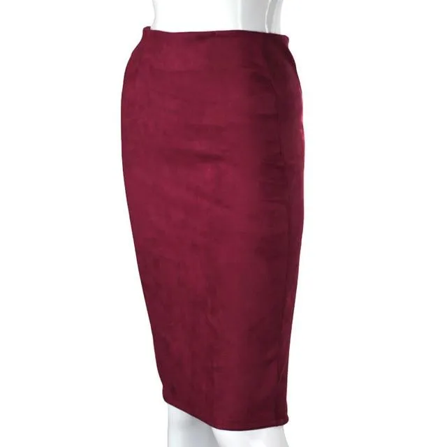 SheBlingBling Empire Skirts  Spring Faux Suede Pencil High Waist Bodycon Split Thick Stretchy Sexy Skirts Knee Length Plus Size