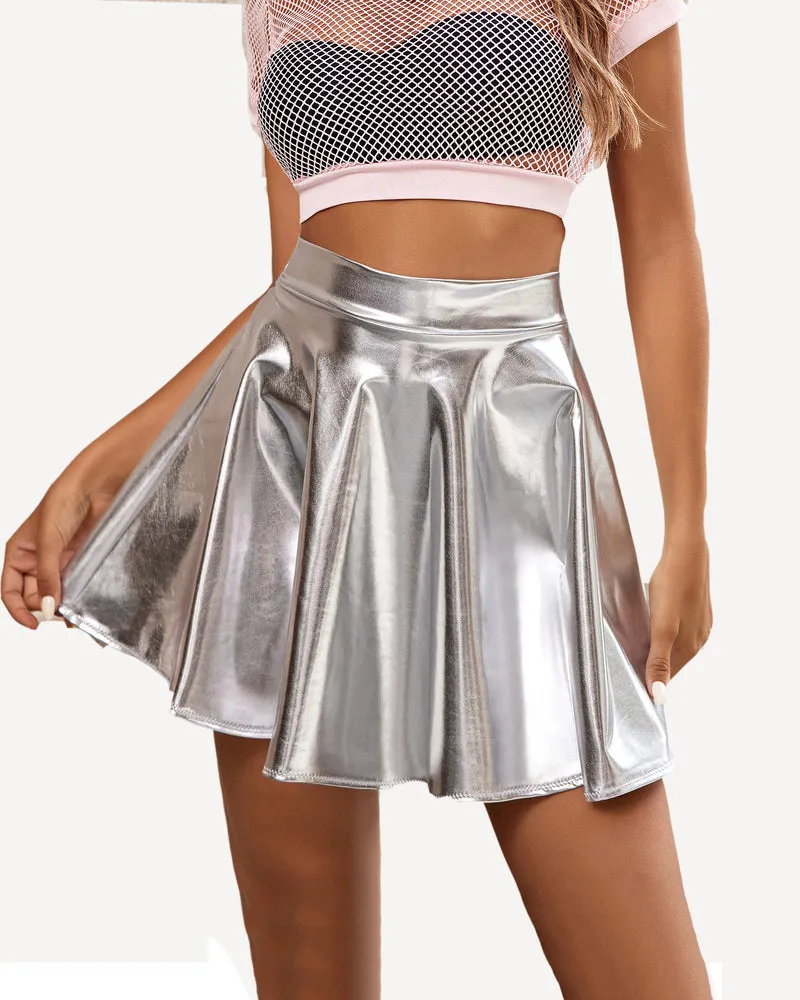 Shiny Stretchy Mini A-Line Flared Skater Skirt