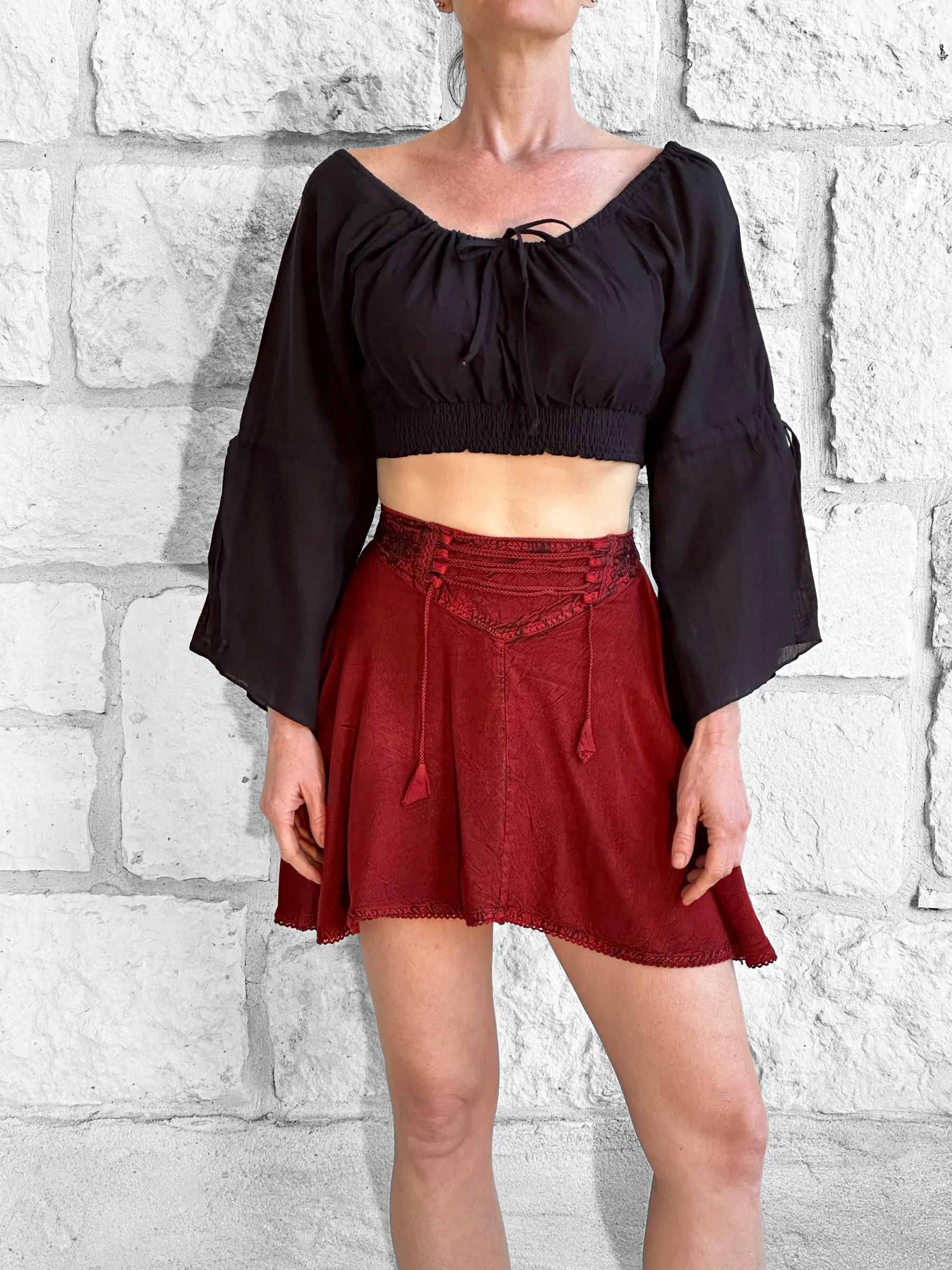 'Short Pixie Fairy Skirt' Embroidered Rayon - Red