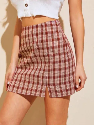 Slit Hem Plaid Skirt