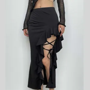 Slit ruffle medium rise solid lace up irregular midi skirt