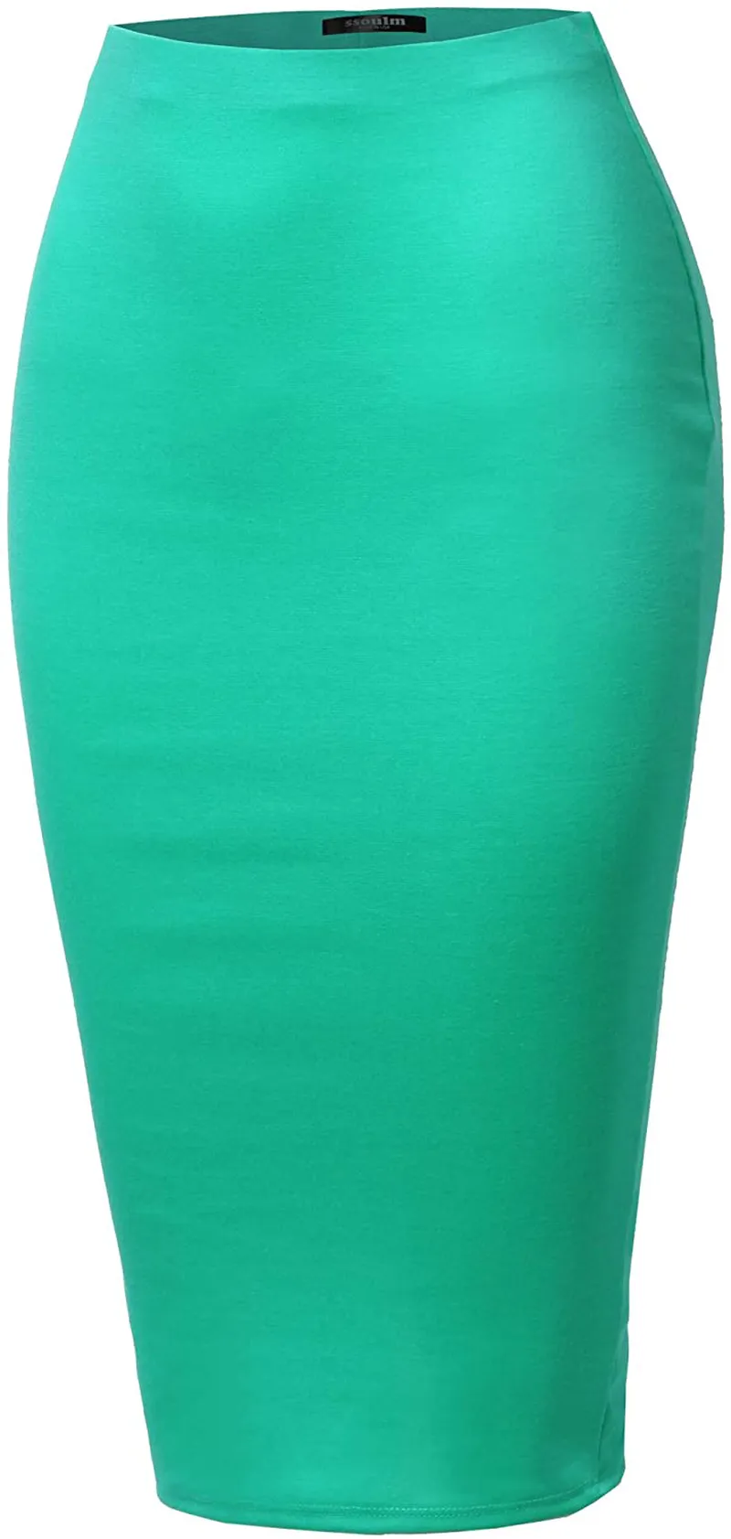 SSOULM Women's Work Office Stretchy Fitted Midi Pencil Skirt with Back Slit and Plus Size