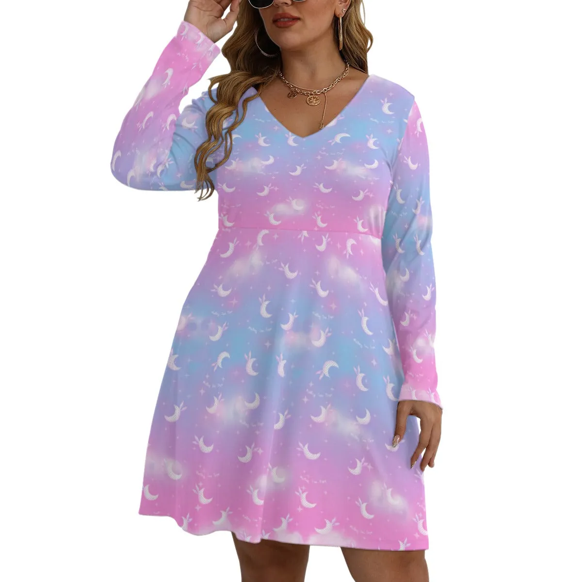 Twinkle Heaven Women's V-Neck Long Sleeve Dress (Plus Size)