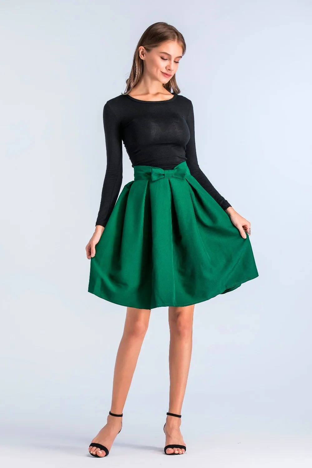 VenusFox Casual Bow Pleated High Waist Knee Length Skater Skirts