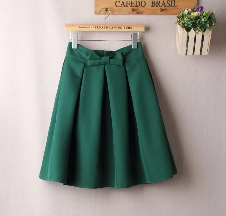 VenusFox Casual Bow Pleated High Waist Knee Length Skater Skirts