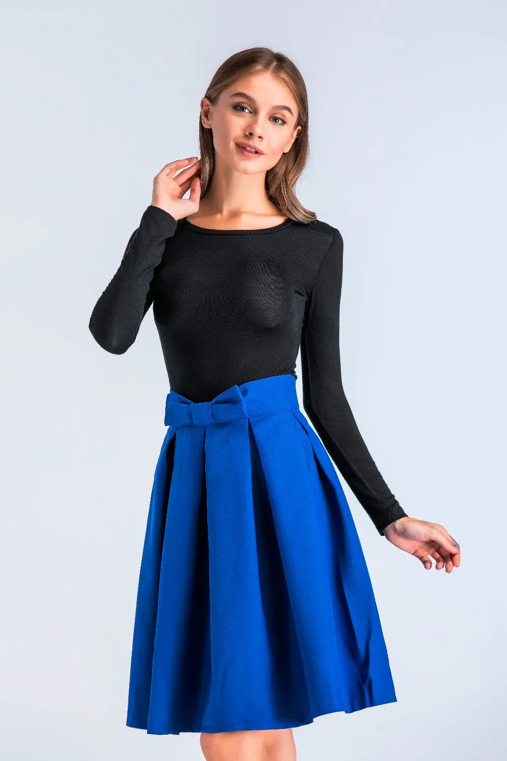 VenusFox Casual Bow Pleated High Waist Knee Length Skater Skirts