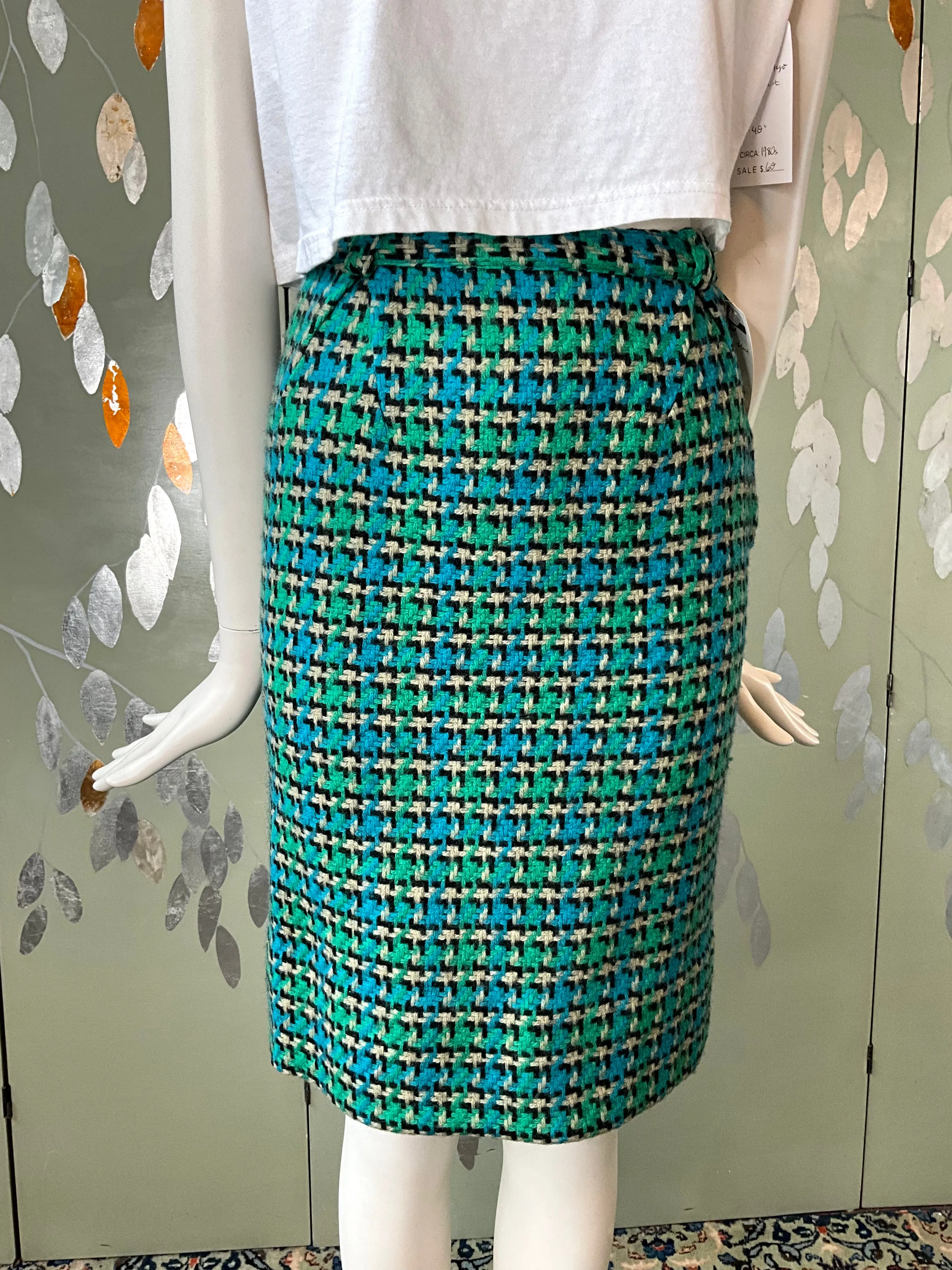 Vintage 1960s Green Blue Tweed Pencil Skirt, XS