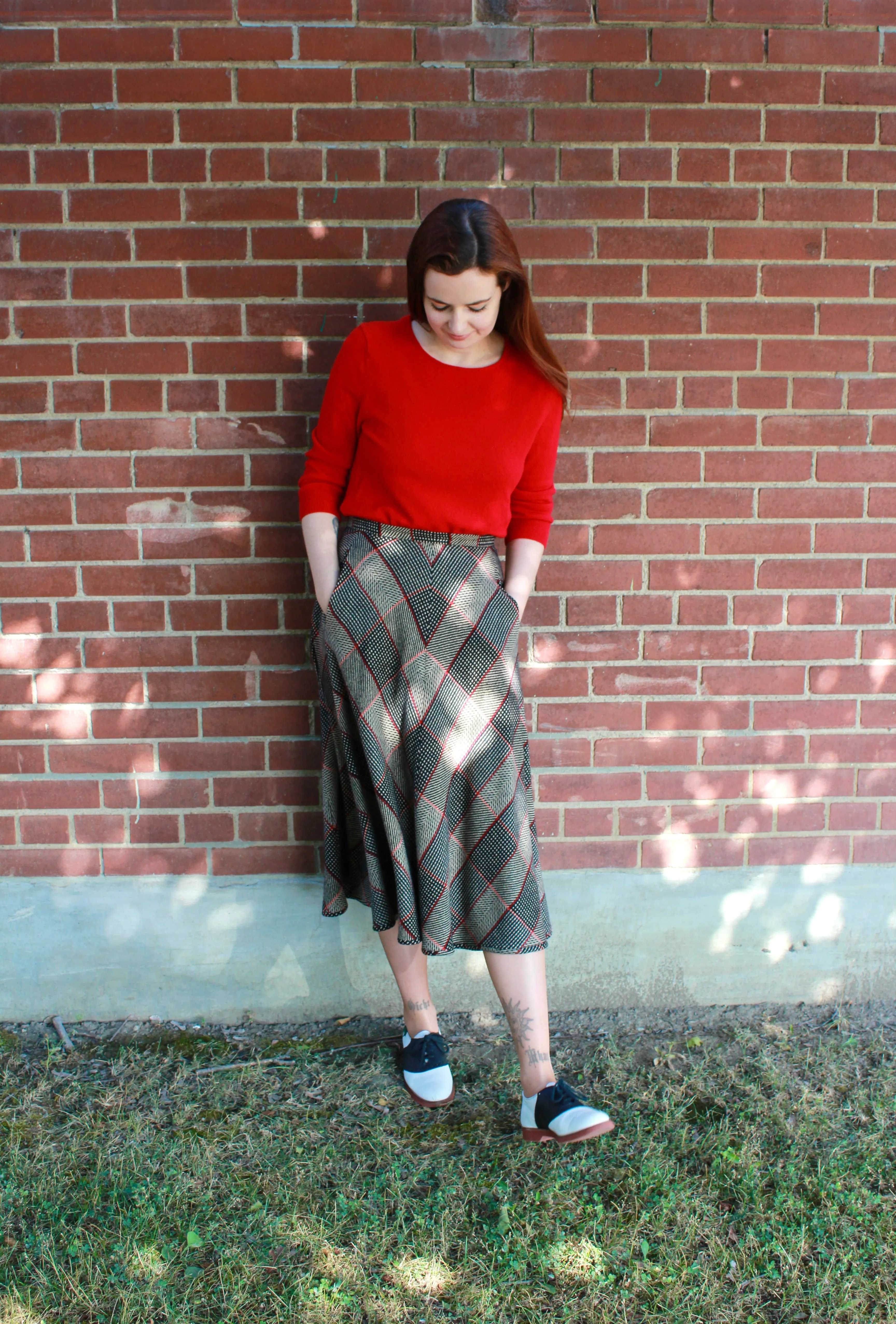 Vintage 1980s Valentino Wool Chevron Plaid Flared Midi Skirt, W30