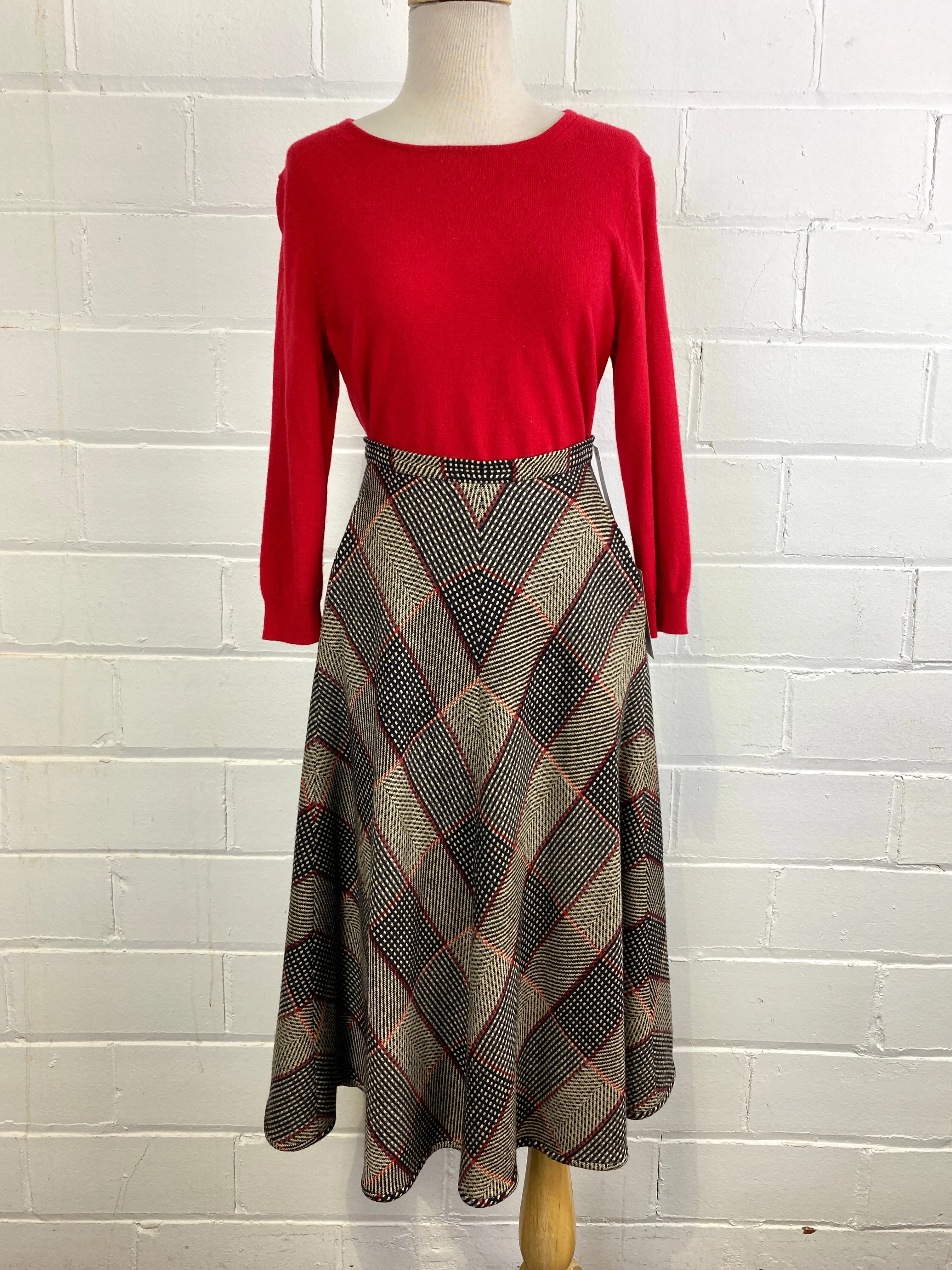 Vintage 1980s Valentino Wool Chevron Plaid Flared Midi Skirt, W30