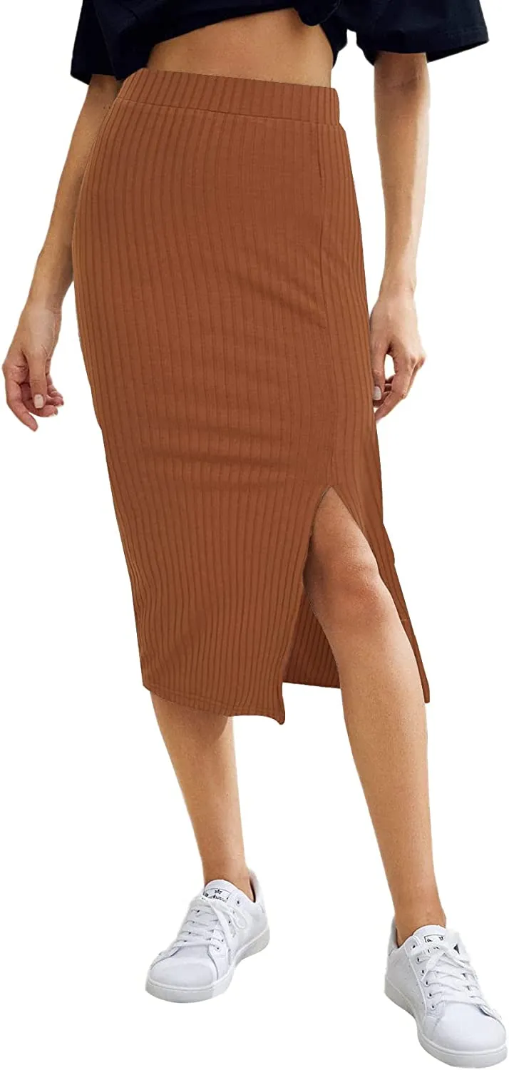 Wholesale Women's Basic Plain Ribbed Knit Split Stretchy Pencil Bodycon Midi Skirt