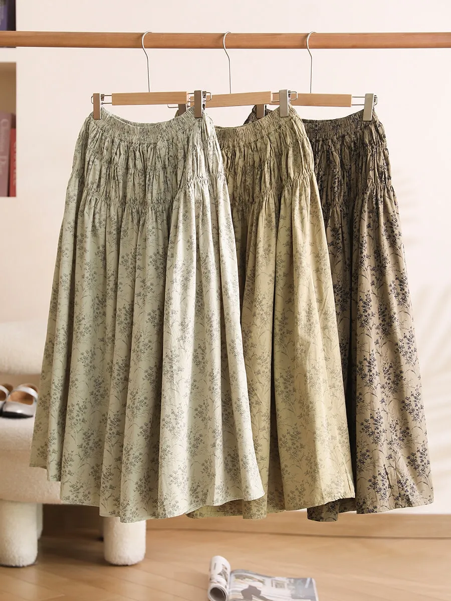 Women Summer Artsy Floral Shirred Cotton Skirt WE1042