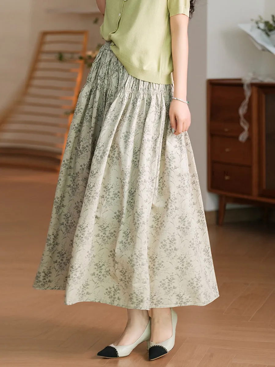 Women Summer Artsy Floral Shirred Cotton Skirt WE1042