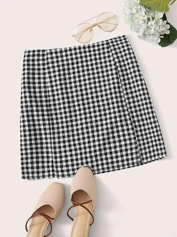 Zip Back Gingham Print Skirt